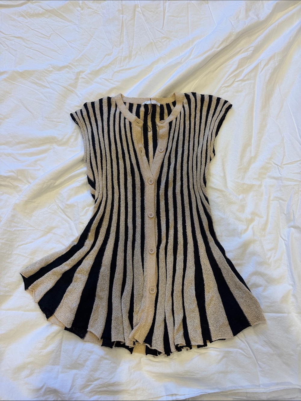 Zara Beige and Black Striped Button-Front Knit Top